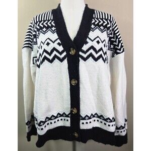 Ann Taylor  Black White Fair Isle Nordic Cardigan Sweater Women's XXL Scandi Ski